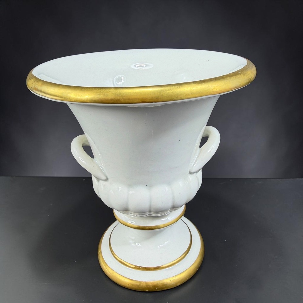 Mottahedeh Italy Porcelain Footed Urn Vase White Gold Trim Double Handle 5" x 4"
